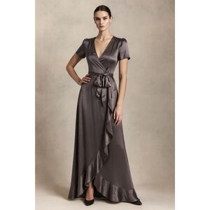 Vintage Ghost London Metallic Gray Y2K 90s Maxi Wrap Gown Dress  Women's Size XS